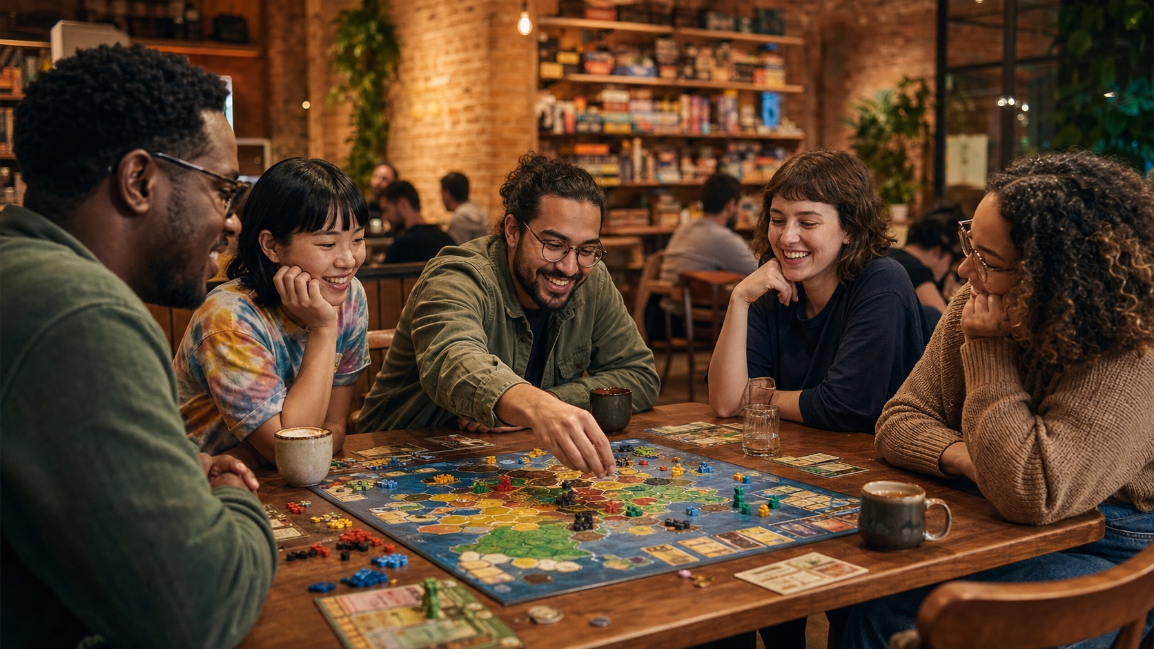 Friends playing a colorful strategy board game at an Austin cafe table