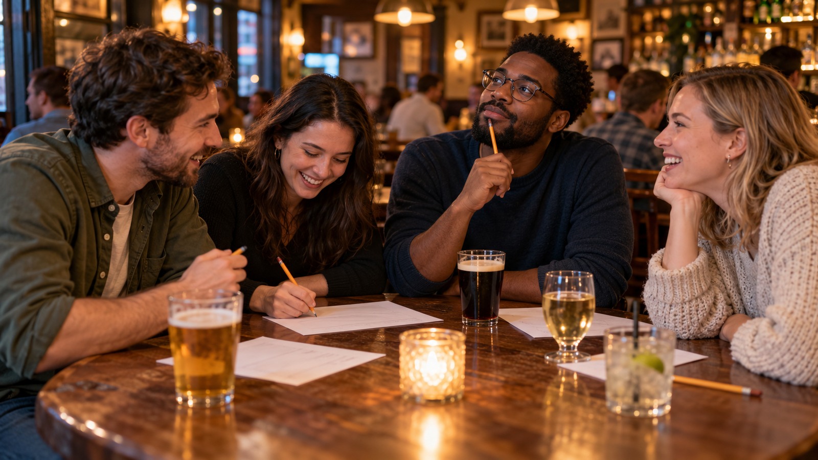 Vier Freunde lösen gemeinsam ein Pubquiz an einem Holztisch in einer warm beleuchteten Bar