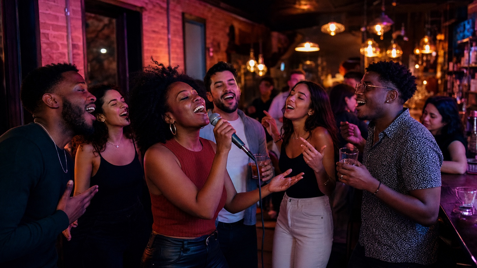 Friends singing karaoke together in a colorful Washington DC bar