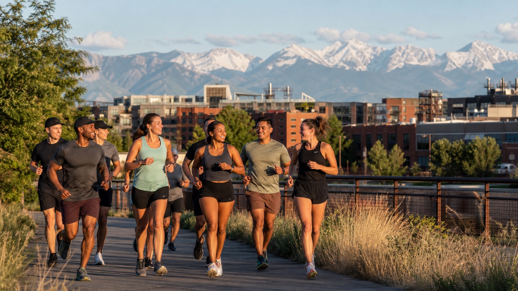 A diverse Denver running club moving along a city trail with mountains in the distance