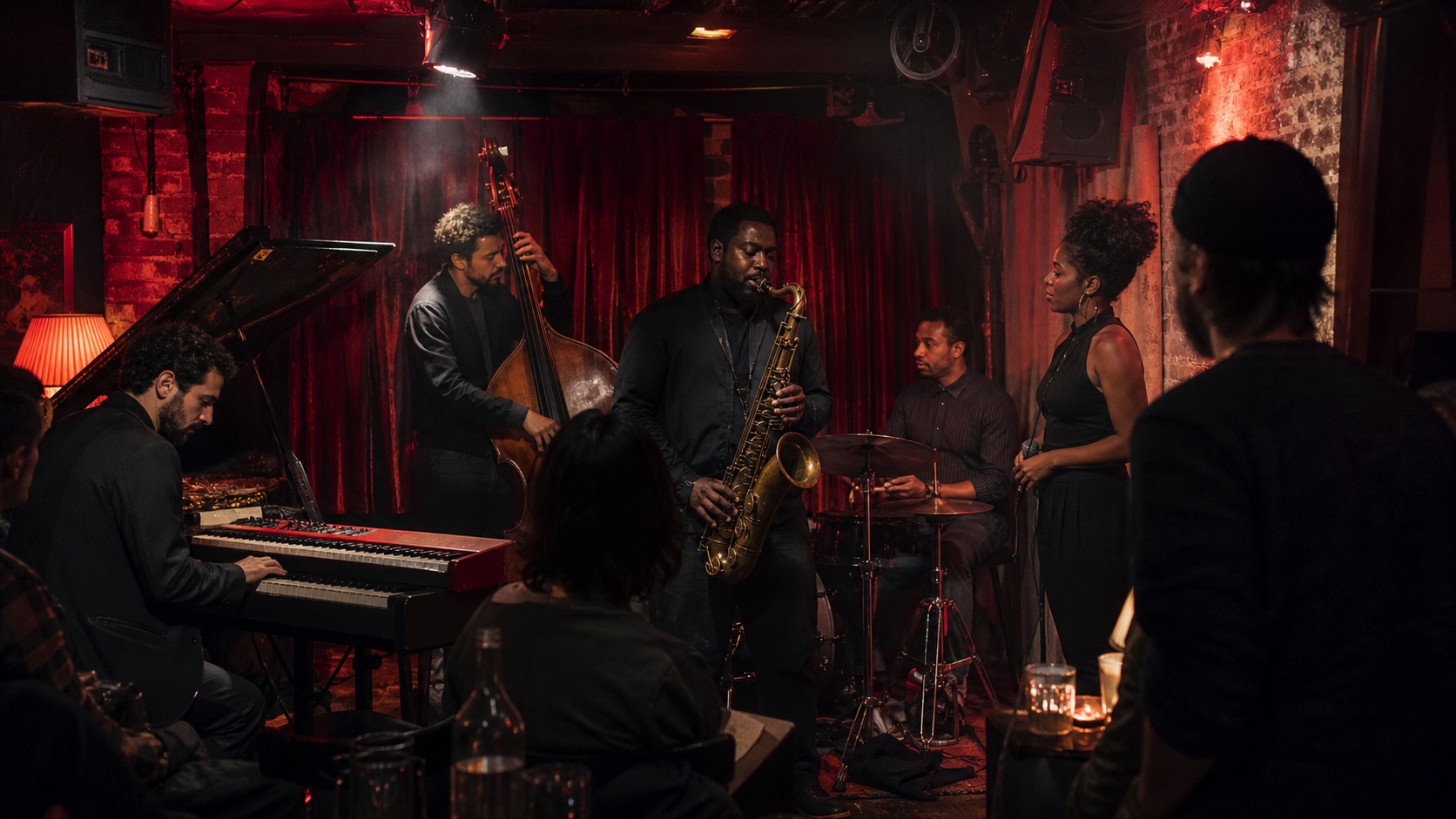 Musicians joining an energetic late-night jazz jam in London