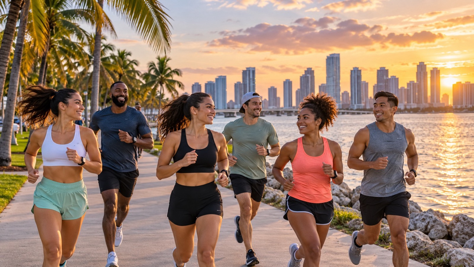 Un grupo de corredores adultos por un paseo junto al agua en Miami, bordeado de palmeras y con luz del atardecer