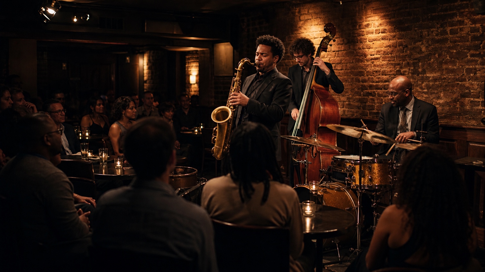 A jazz trio performing for a close audience in an intimate New York City club