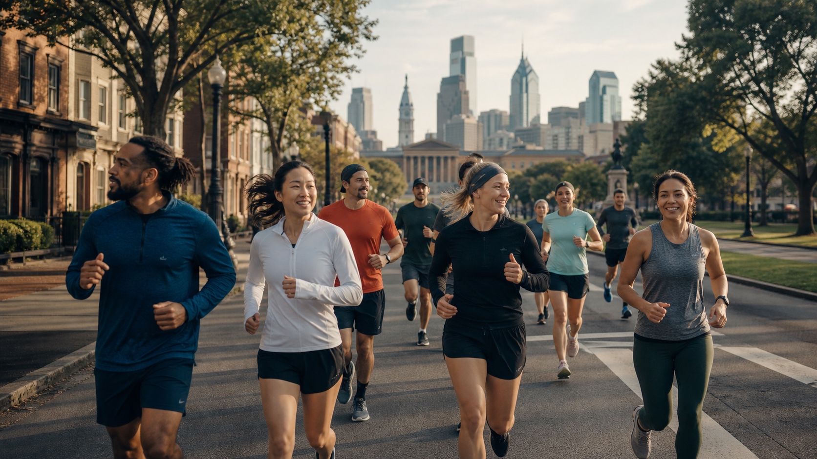 A friendly running club passing Philadelphia landmarks in morning light