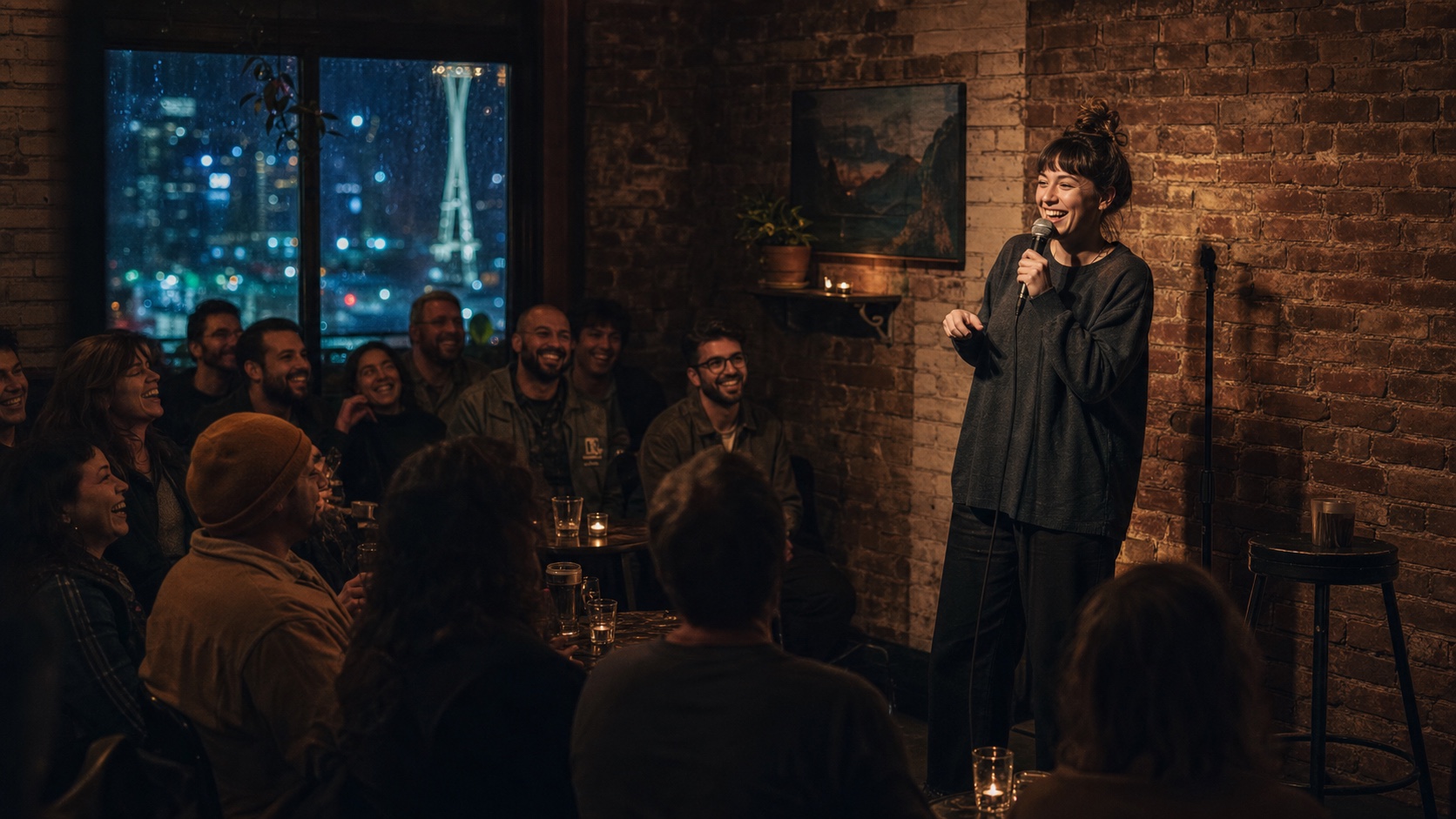 A comedian performing for a lively audience in an intimate Seattle club