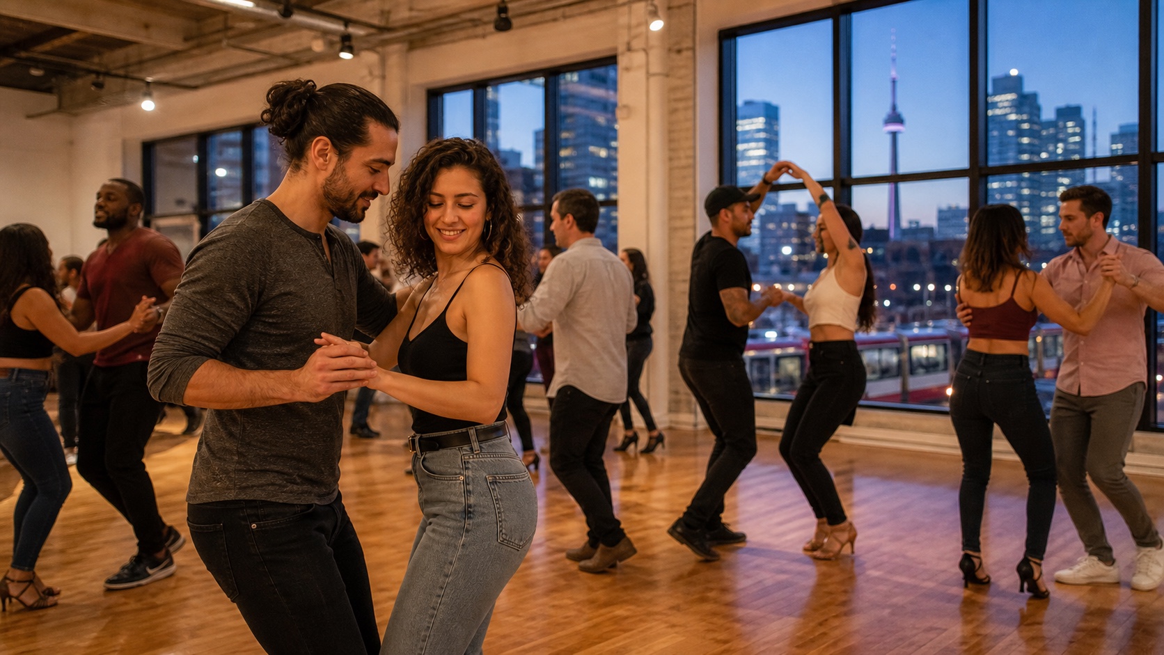 Salsa and bachata dancers sharing a welcoming Toronto social floor