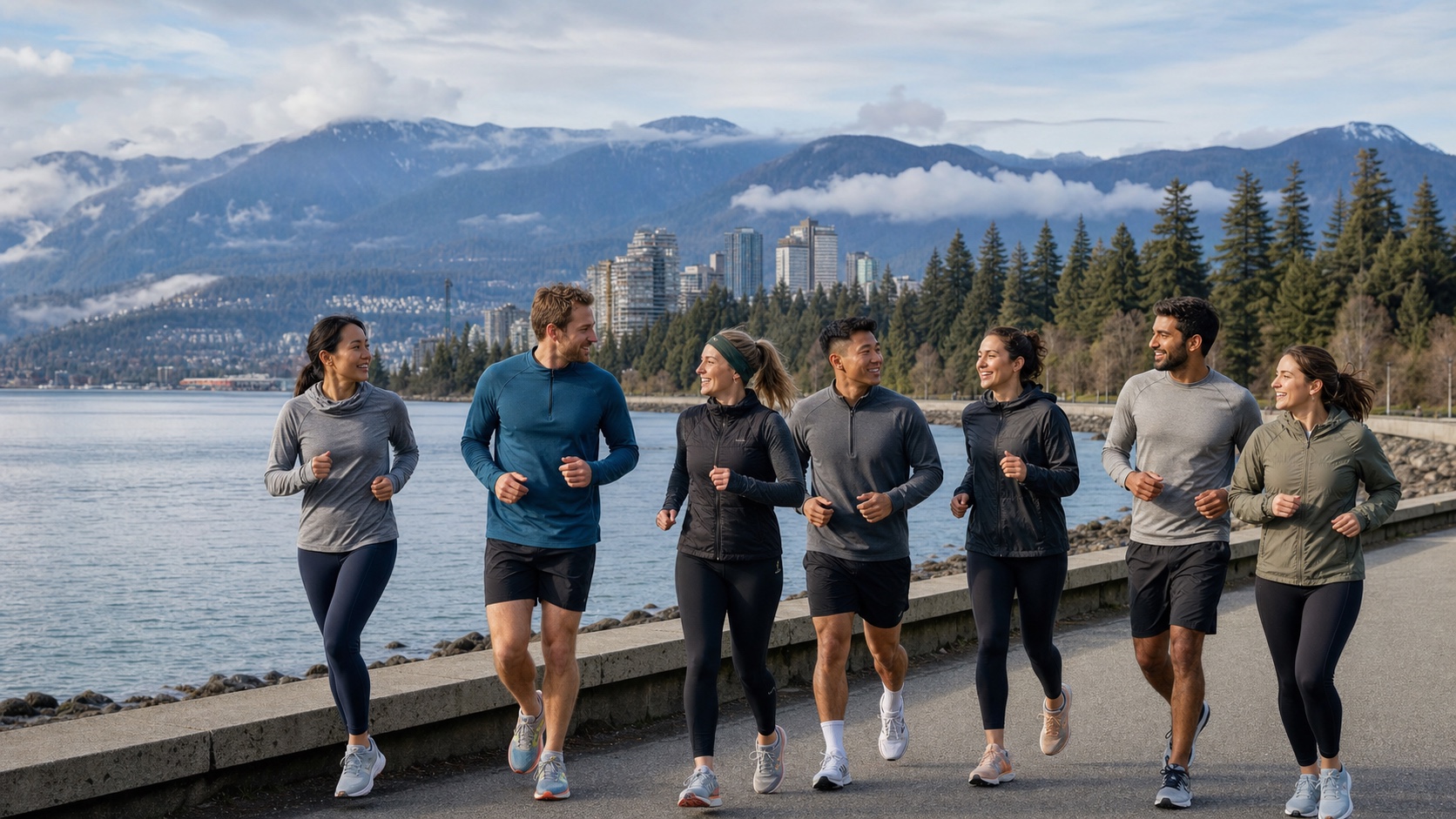 Eine gesellige Laufgruppe am Ufer von Vancouver mit den Bergen dahinter